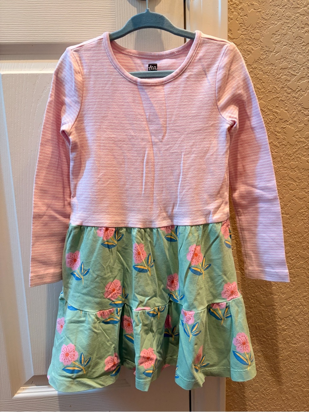 Tea Collection Pink and Green Floral Tiered Long Sleeve Dress